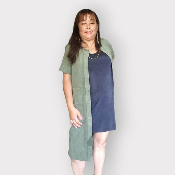 WOMENS SIZE 8 OLIVE GREEN SHORT SLEEVE UTILITY JACKET WITH BUTTON DOWN AND BELT - Picture 2 of 6